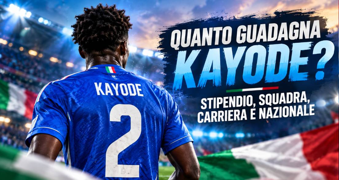 Quanto guadagna Kayode: immagine editoriale con calciatore azzurro di spalle in uno stadio e riferimento a stipendio, carriera e Nazionale.