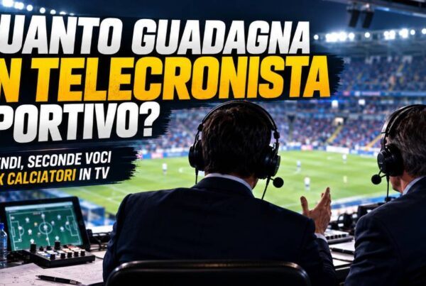 Quanto guadagna un telecronista sportivo: due commentatori di calcio al microfono durante una partita, con postazione TV e stadio sullo sfondo.
