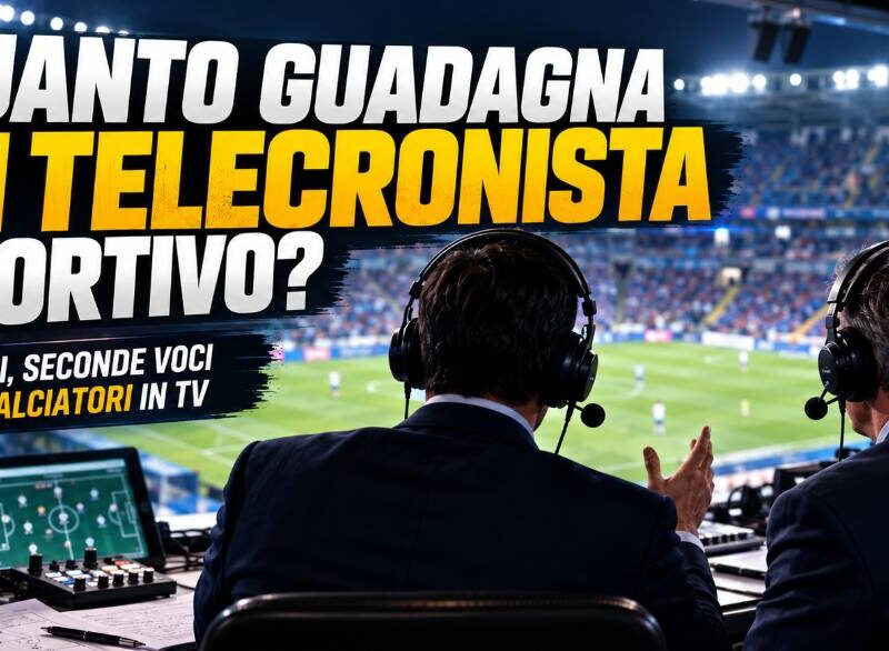 Quanto guadagna un telecronista sportivo: due commentatori di calcio al microfono durante una partita, con postazione TV e stadio sullo sfondo.