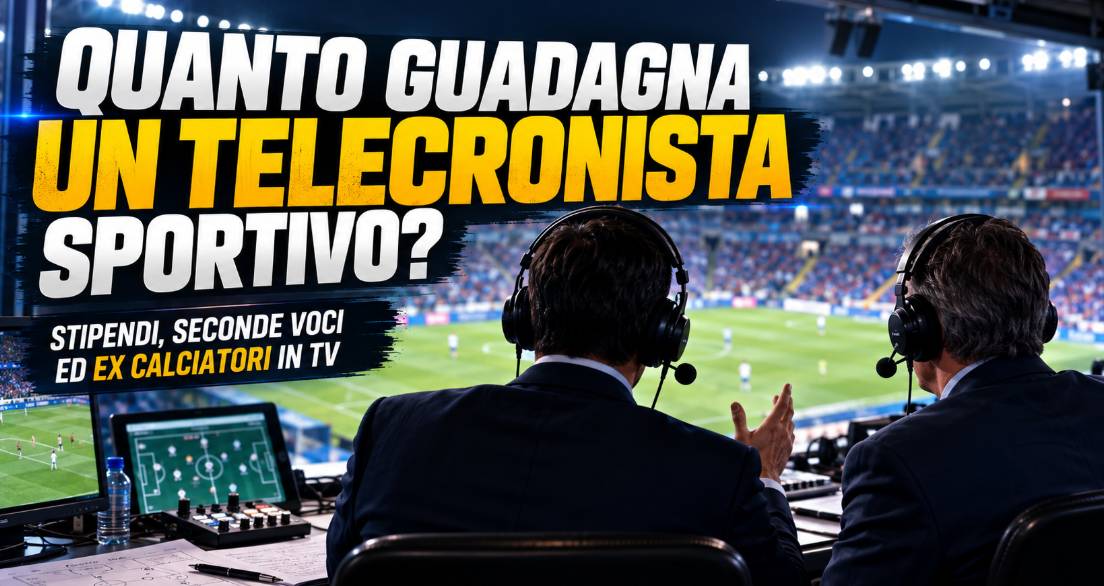 Quanto guadagna un telecronista sportivo: due commentatori di calcio al microfono durante una partita, con postazione TV e stadio sullo sfondo.