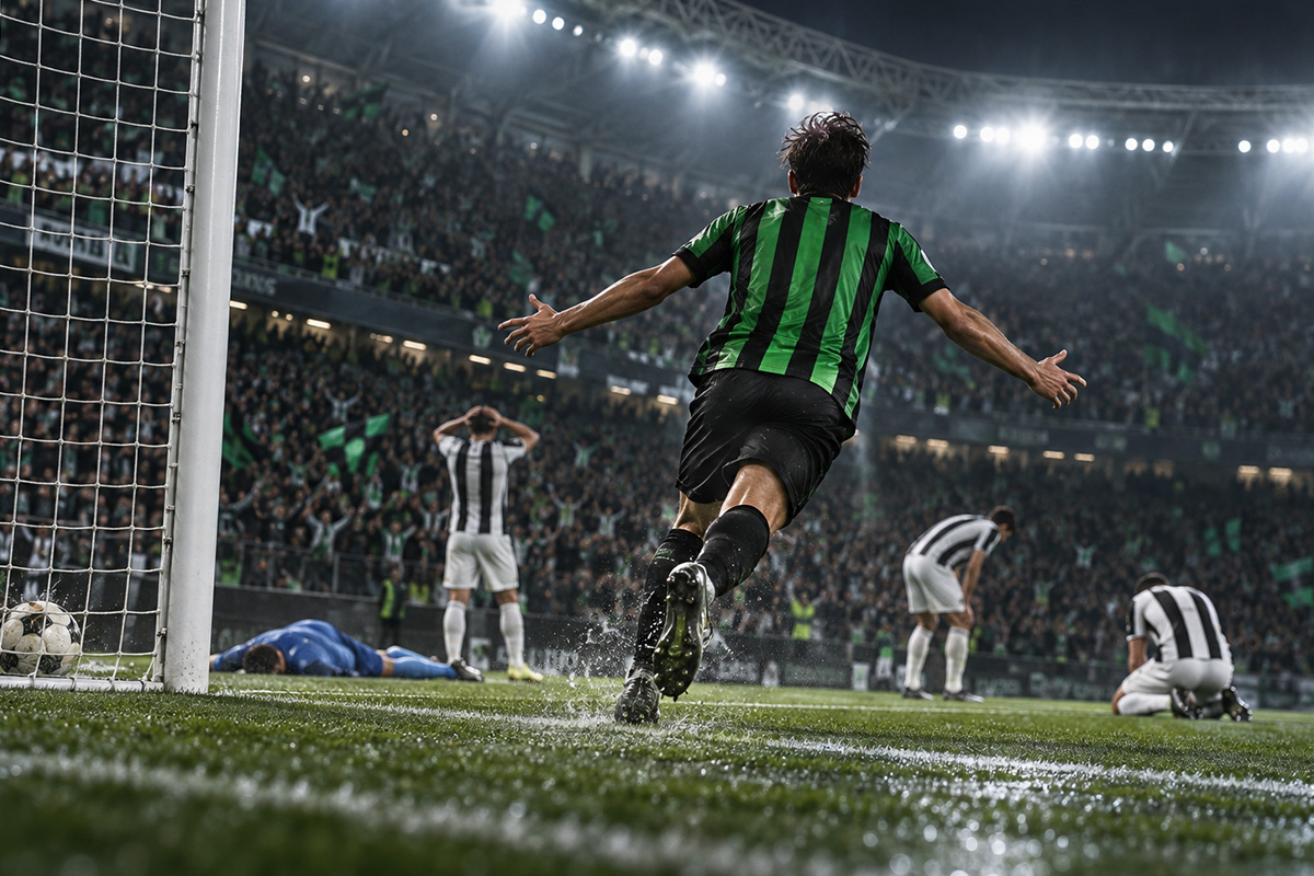 Sassuolo-Juventus 3-2, calciatore neroverde festeggia di spalle il gol decisivo mentre gli avversari restano delusi.