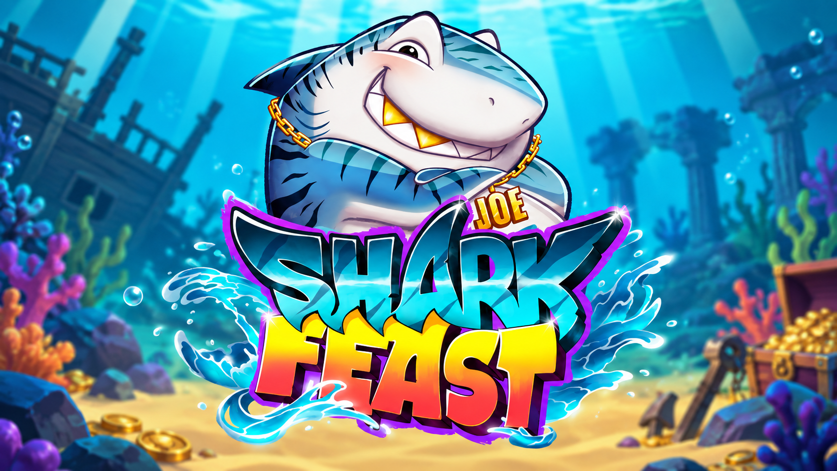 Slot Shark Feast di Play'n GO con squalo cartoon e ambientazione sottomarina colorata