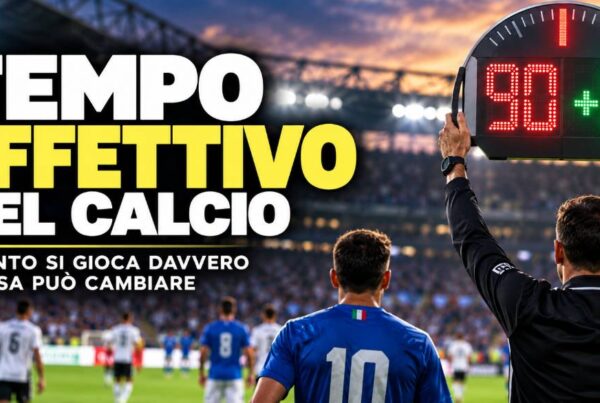 Tempo effettivo nel calcio: immagine editoriale con tabellone dei minuti di recupero, arbitro e calciatori di spalle.
