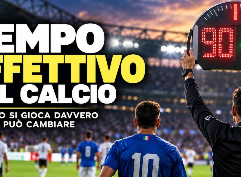Tempo effettivo nel calcio: immagine editoriale con tabellone dei minuti di recupero, arbitro e calciatori di spalle.