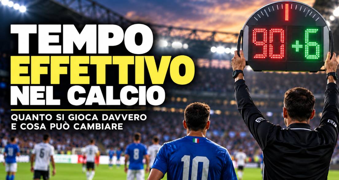 Tempo effettivo nel calcio: immagine editoriale con tabellone dei minuti di recupero, arbitro e calciatori di spalle.