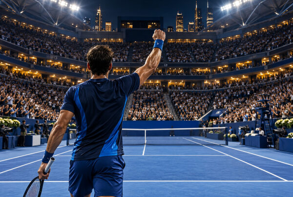 Tennista di spalle festeggia sul campo centrale degli US Open, davanti agli spalti gremiti: immagine sui ricavi US Open 2026.