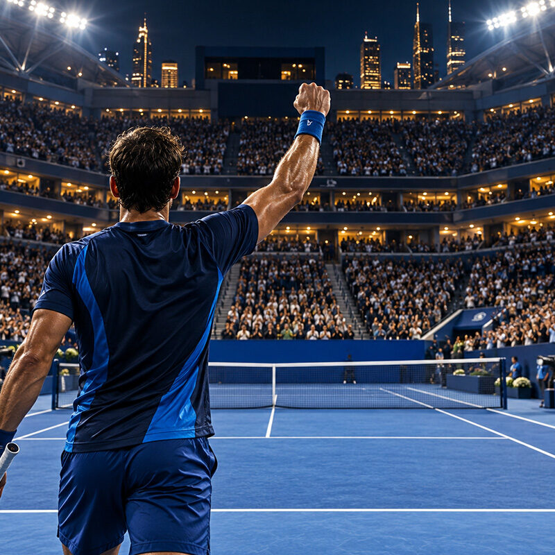 Tennista di spalle festeggia sul campo centrale degli US Open, davanti agli spalti gremiti: immagine sui ricavi US Open 2026.