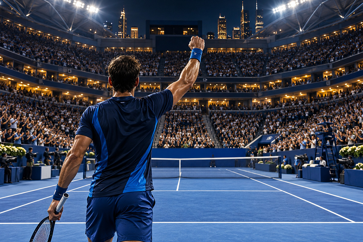 Tennista di spalle festeggia sul campo centrale degli US Open, davanti agli spalti gremiti: immagine sui ricavi US Open 2026.
