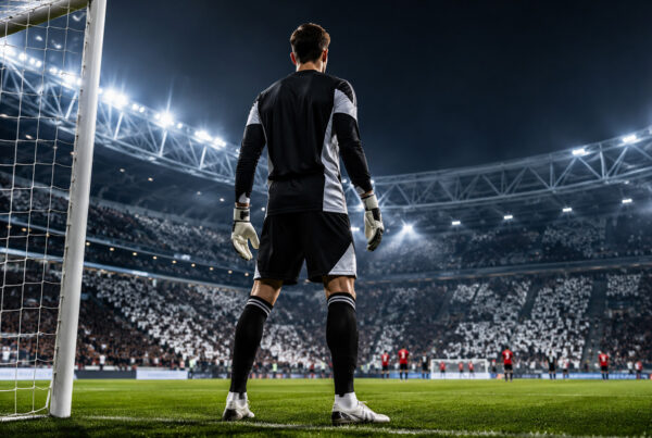 Vicario alla Juventus, portiere di spalle davanti alla porta nello stadio illuminato