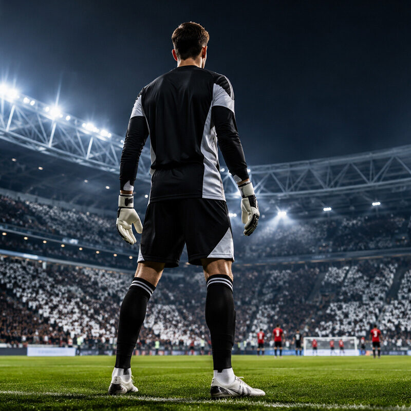 Vicario alla Juventus, portiere di spalle davanti alla porta nello stadio illuminato