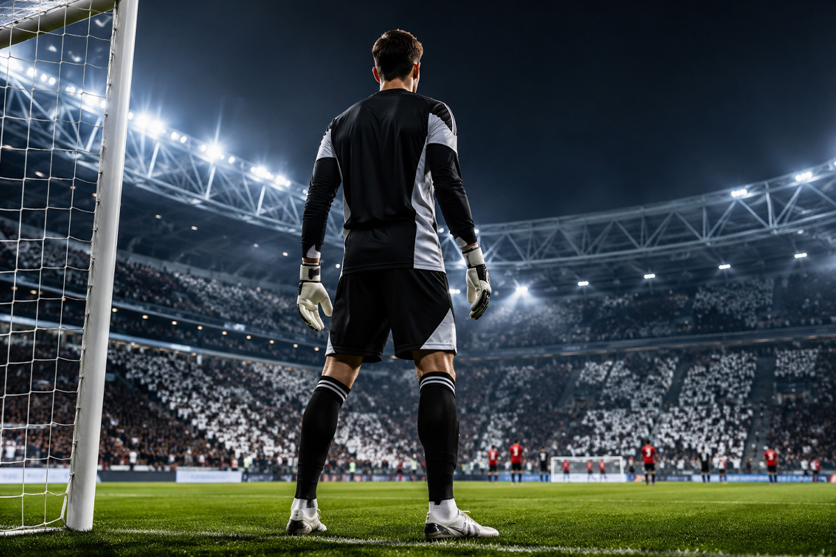 Vicario alla Juventus, portiere di spalle davanti alla porta nello stadio illuminato