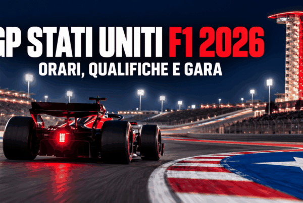 GP Stati Uniti F1 2026, monoposto sul circuito di Austin durante una gara notturna, con titolo dedicato agli orari di prove, qualifiche e gara.