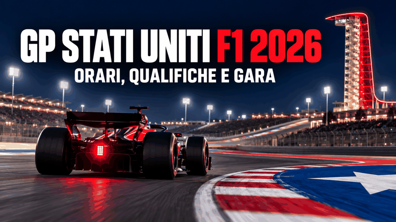 GP Stati Uniti F1 2026, monoposto sul circuito di Austin durante una gara notturna, con titolo dedicato agli orari di prove, qualifiche e gara.