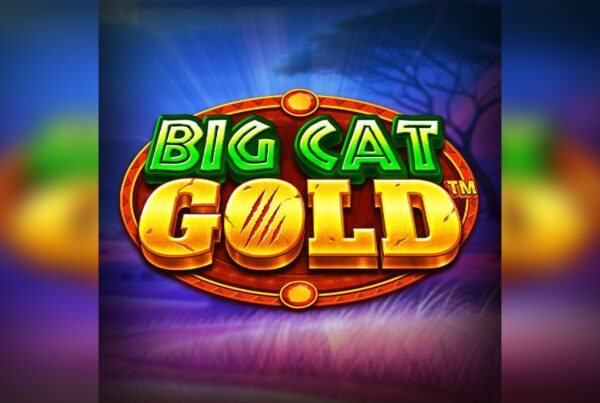 Slot Big Cat Gold, logo originale del gioco con scritte verdi e dorate su sfondo blu e viola ispirato alla savana africana.