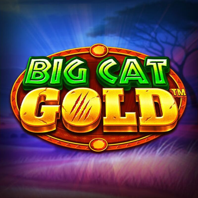 Slot Big Cat Gold, logo originale del gioco con scritte verdi e dorate su sfondo blu e viola ispirato alla savana africana.
