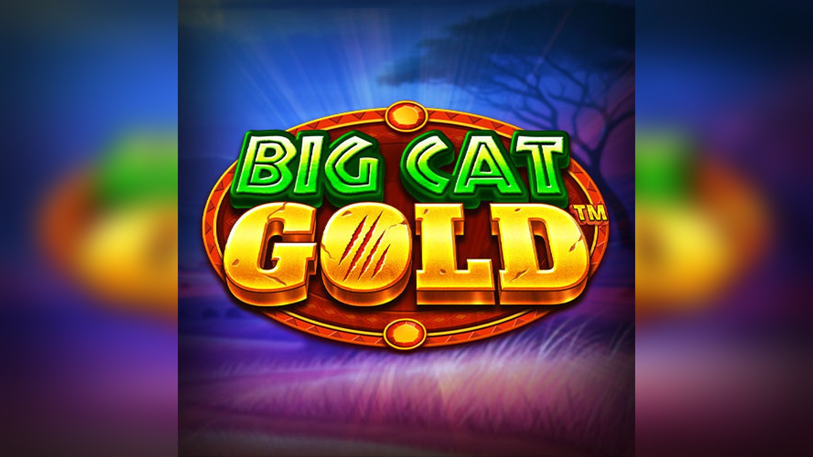 Slot Big Cat Gold, logo originale del gioco con scritte verdi e dorate su sfondo blu e viola ispirato alla savana africana.