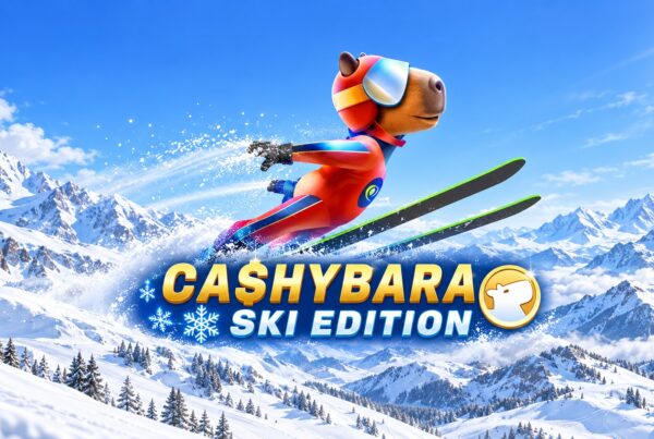 Slot Cashybara Ski Edition di Amusnet, capibara con tuta da sci durante un salto sulle montagne innevate.