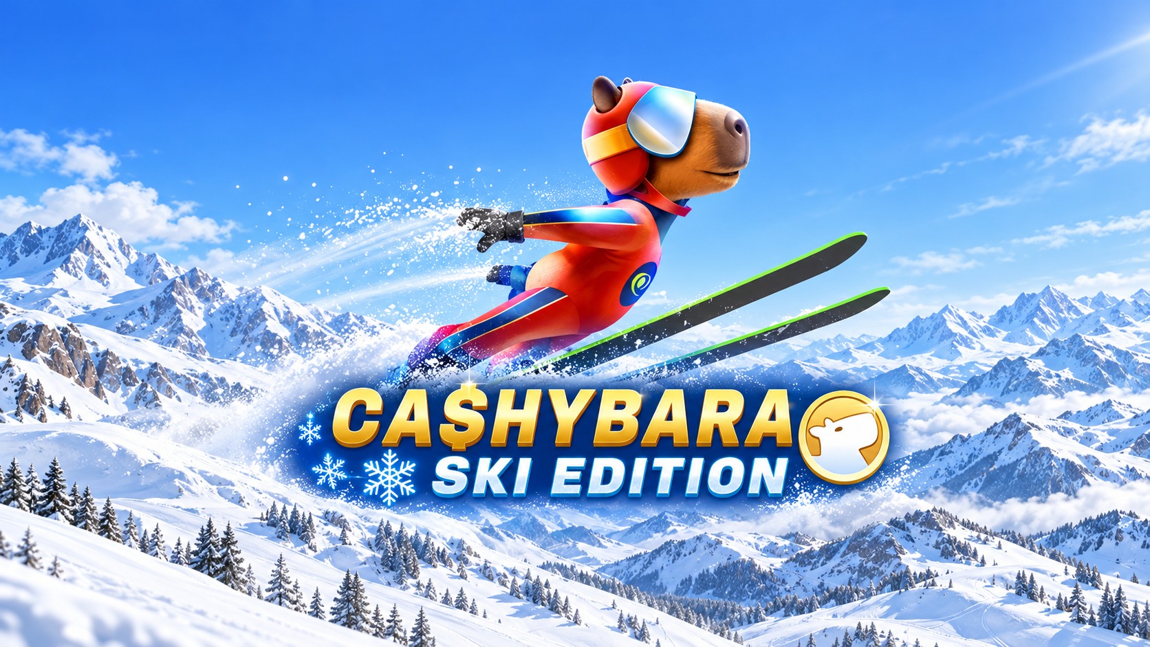 Slot Cashybara Ski Edition di Amusnet, capibara con tuta da sci durante un salto sulle montagne innevate.