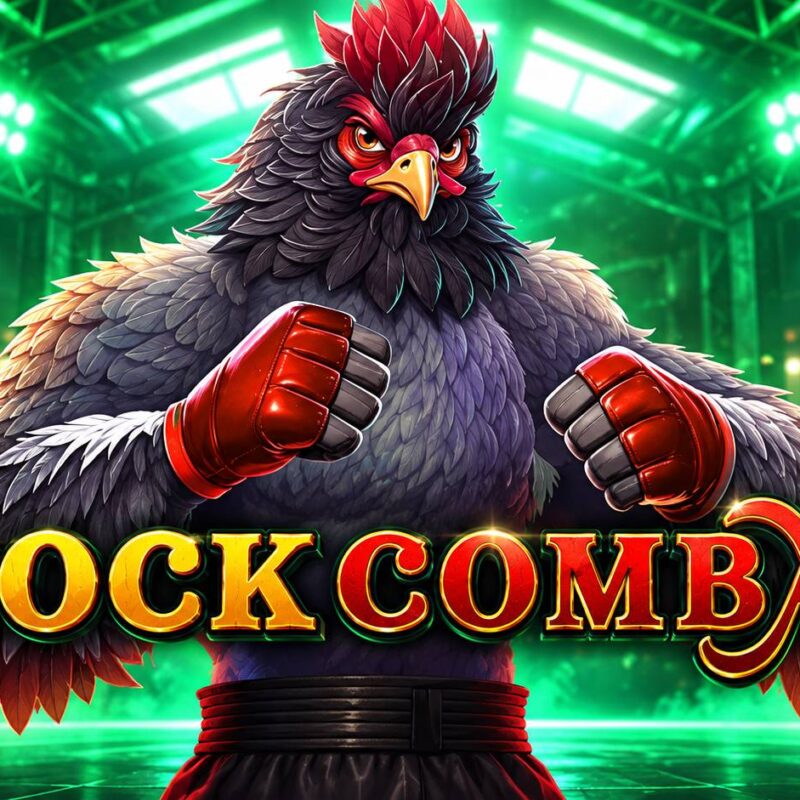 Slot Cock Combat di WorldMatch con gallo combattente e guantoni rossi in un'arena illuminata di verde.