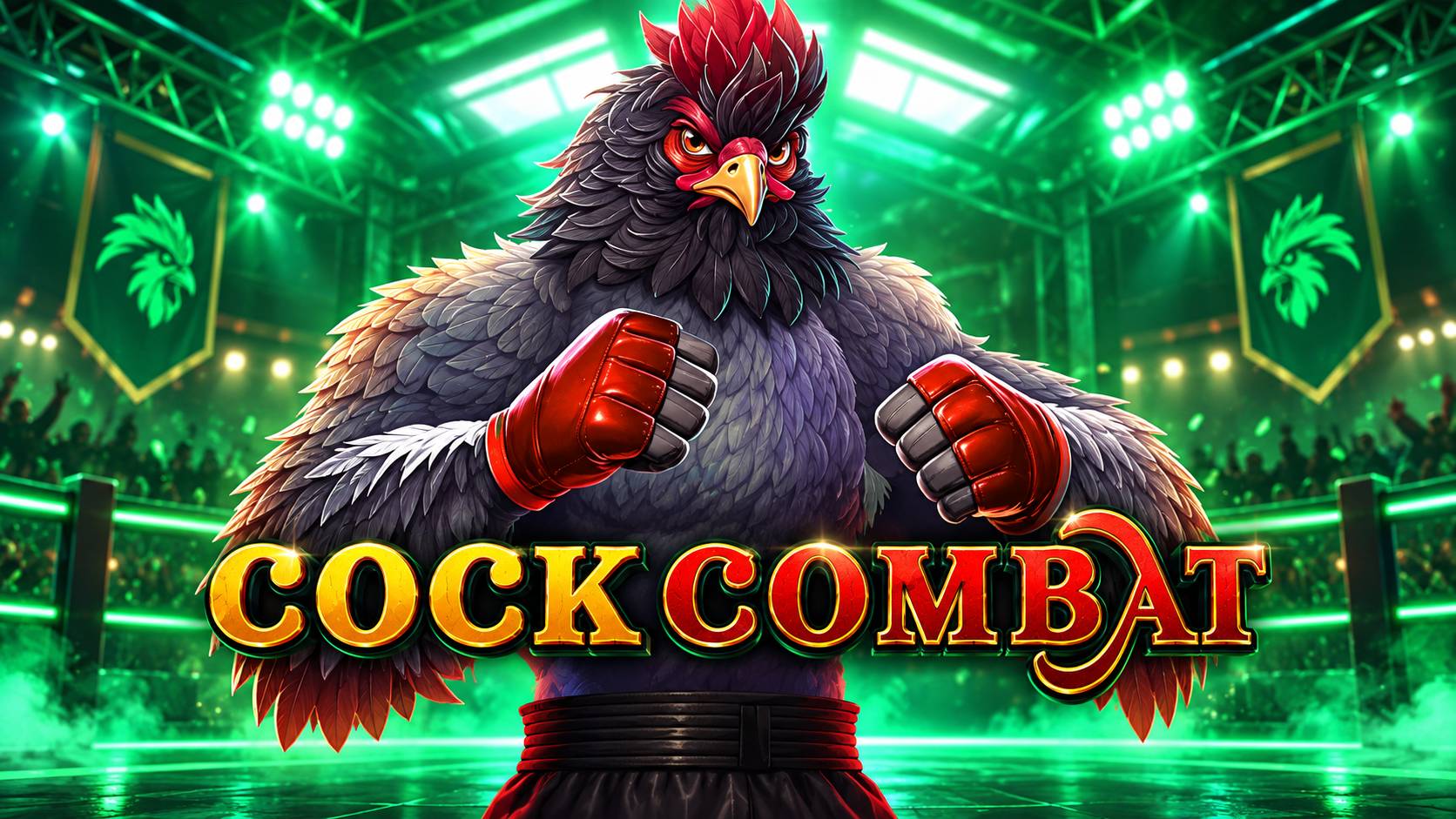 Slot Cock Combat di WorldMatch con gallo combattente e guantoni rossi in un'arena illuminata di verde.