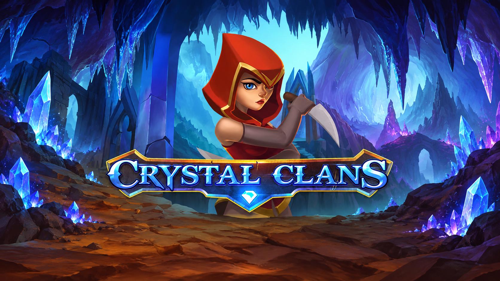 Slot Crystal Clans di iSoftBet con guerriera incappucciata, cristalli luminosi e ambientazione fantasy.