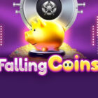 Slot Falling Coins di Amusnet con salvadanaio dorato, monete e cassaforte su sfondo viola.