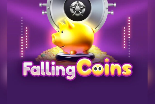 Slot Falling Coins di Amusnet con salvadanaio dorato, monete e cassaforte su sfondo viola.