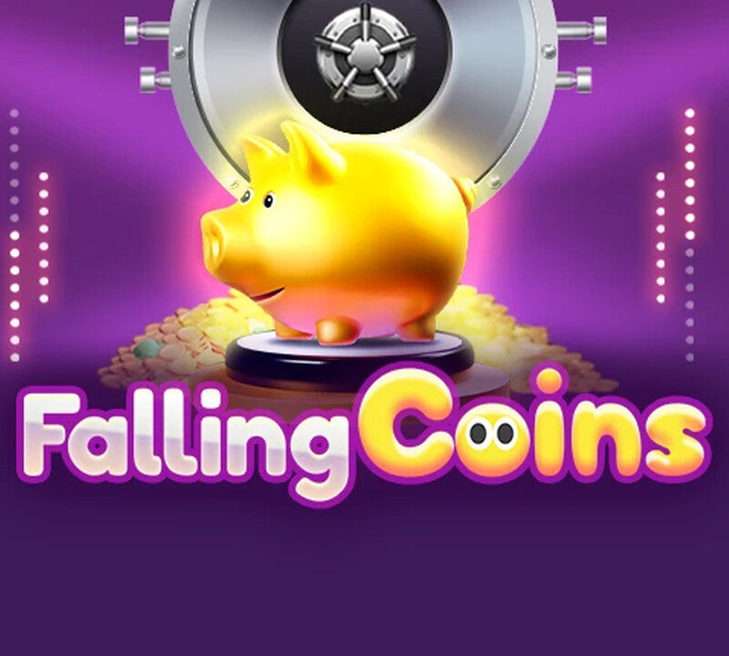 Slot Falling Coins di Amusnet con salvadanaio dorato, monete e cassaforte su sfondo viola.