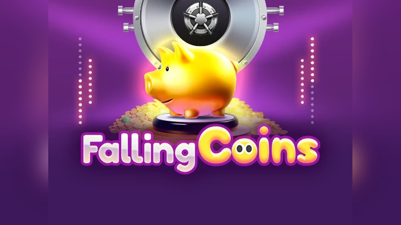Slot Falling Coins di Amusnet con salvadanaio dorato, monete e cassaforte su sfondo viola.