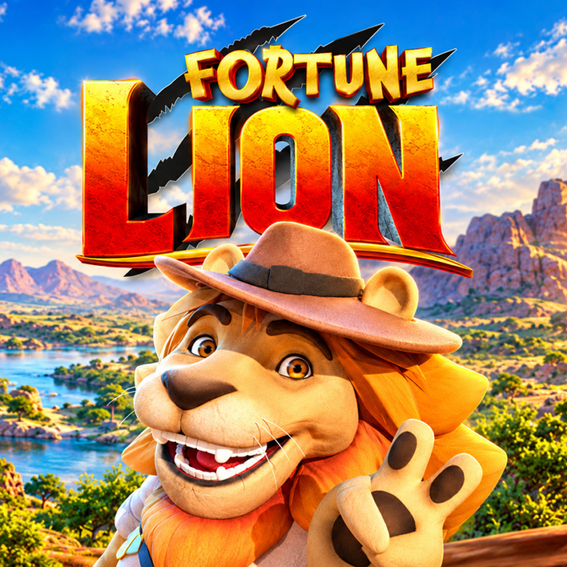 Slot Fortune Lion di GOL Games, con leone sorridente in stile 3D, cappello da esploratore e paesaggio della savana sullo sfondo.