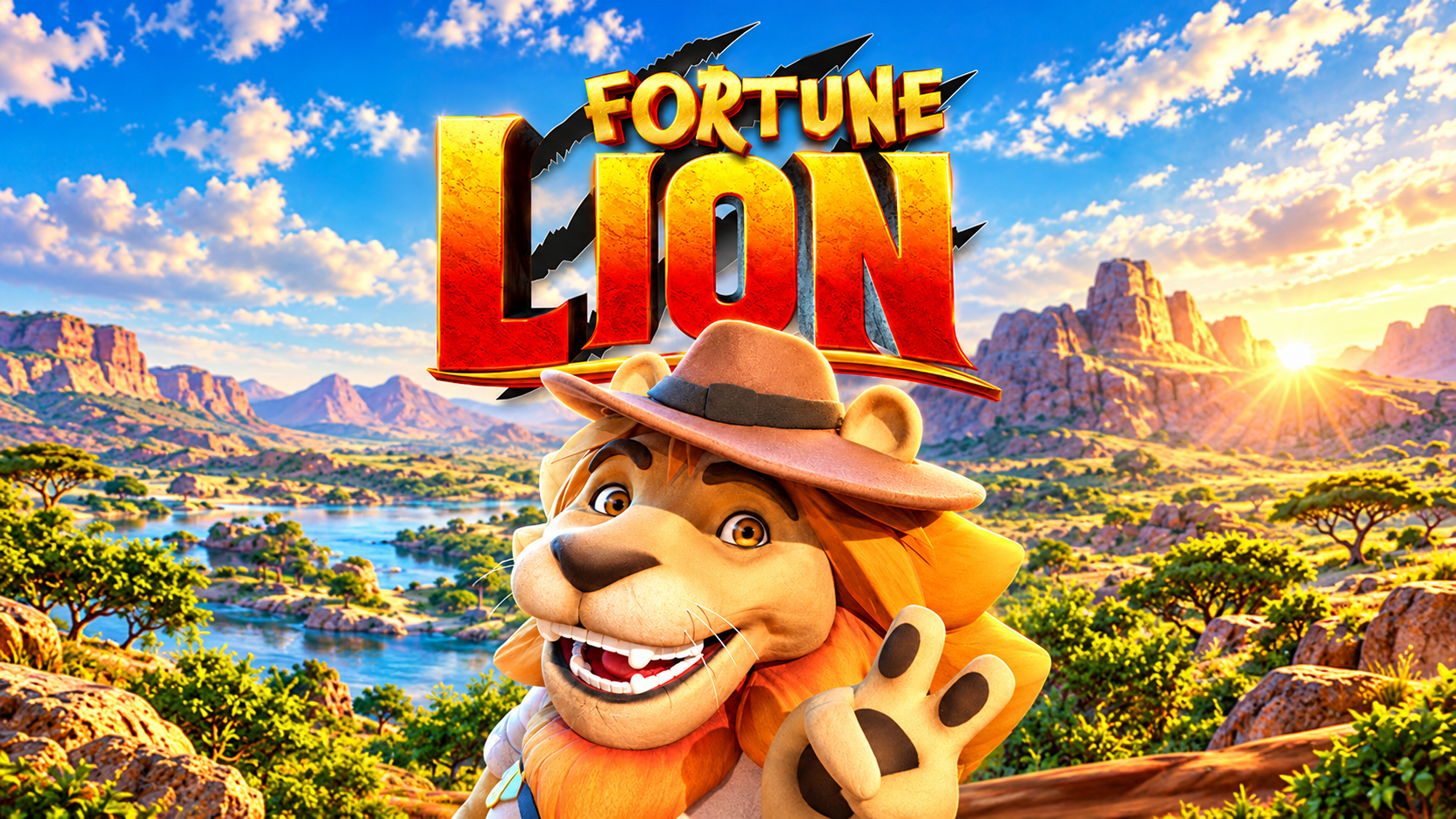 Slot Fortune Lion di GOL Games, con leone sorridente in stile 3D, cappello da esploratore e paesaggio della savana sullo sfondo.