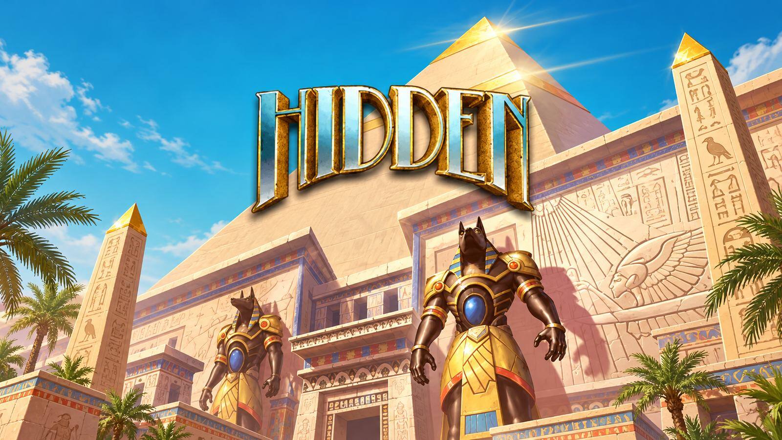 Slot Hidden di ELK Studios con piramide dorata, tempio dell'antico Egitto e statue di Anubi a guardia dell'ingresso.