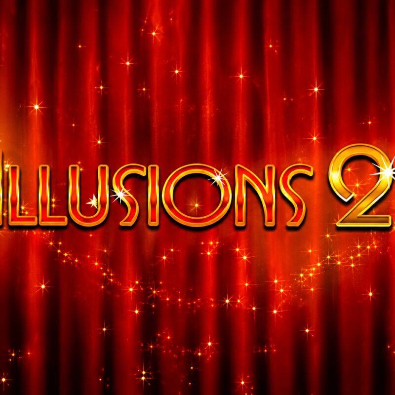Slot Illusions 2 di iSoftBet, logo dorato del gioco su sfondo rosso con tende teatrali e scintille luminose.