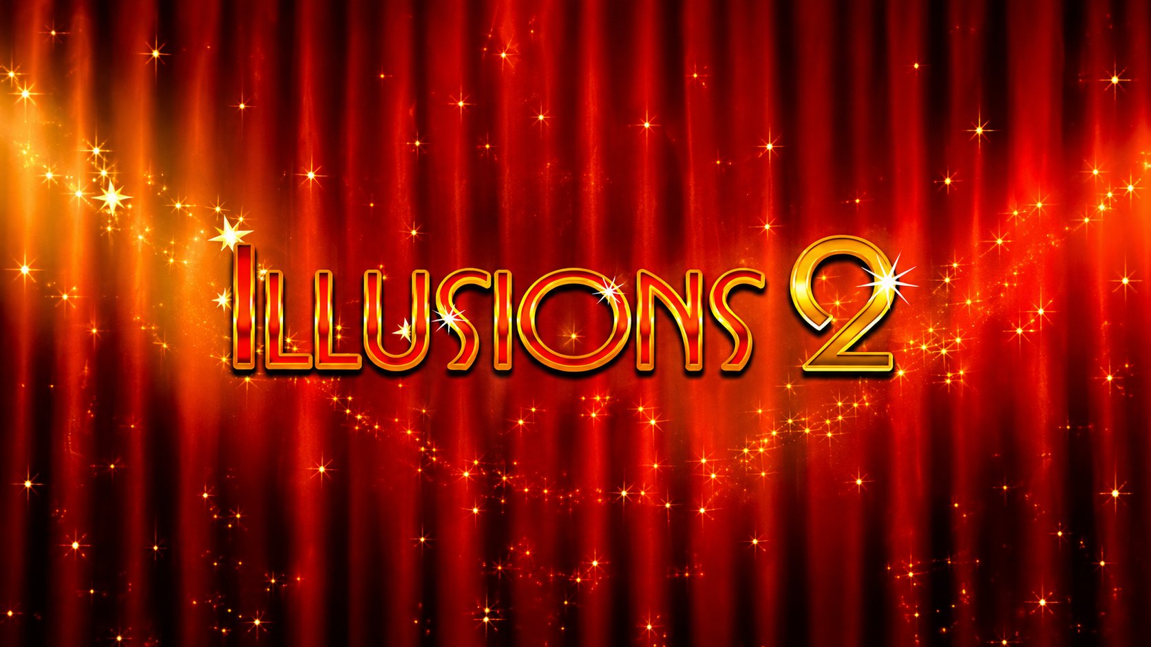 Slot Illusions 2 di iSoftBet, logo dorato del gioco su sfondo rosso con tende teatrali e scintille luminose.