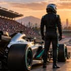Antonelli campione in Messico: illustrazione di un pilota di spalle accanto a una monoposto Mercedes all’Autodromo Hermanos Rodríguez.
