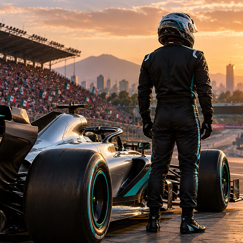 Antonelli campione in Messico: illustrazione di un pilota di spalle accanto a una monoposto Mercedes all’Autodromo Hermanos Rodríguez.
