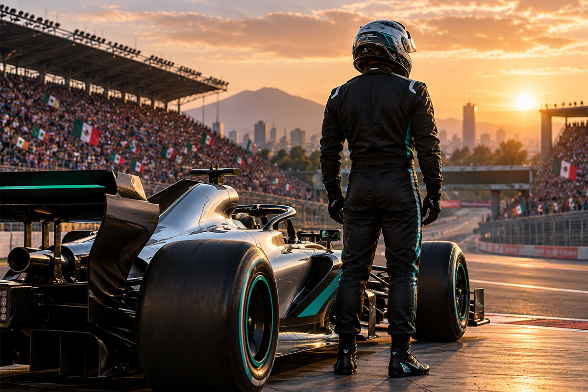 Antonelli campione in Messico: illustrazione di un pilota di spalle accanto a una monoposto Mercedes all’Autodromo Hermanos Rodríguez.