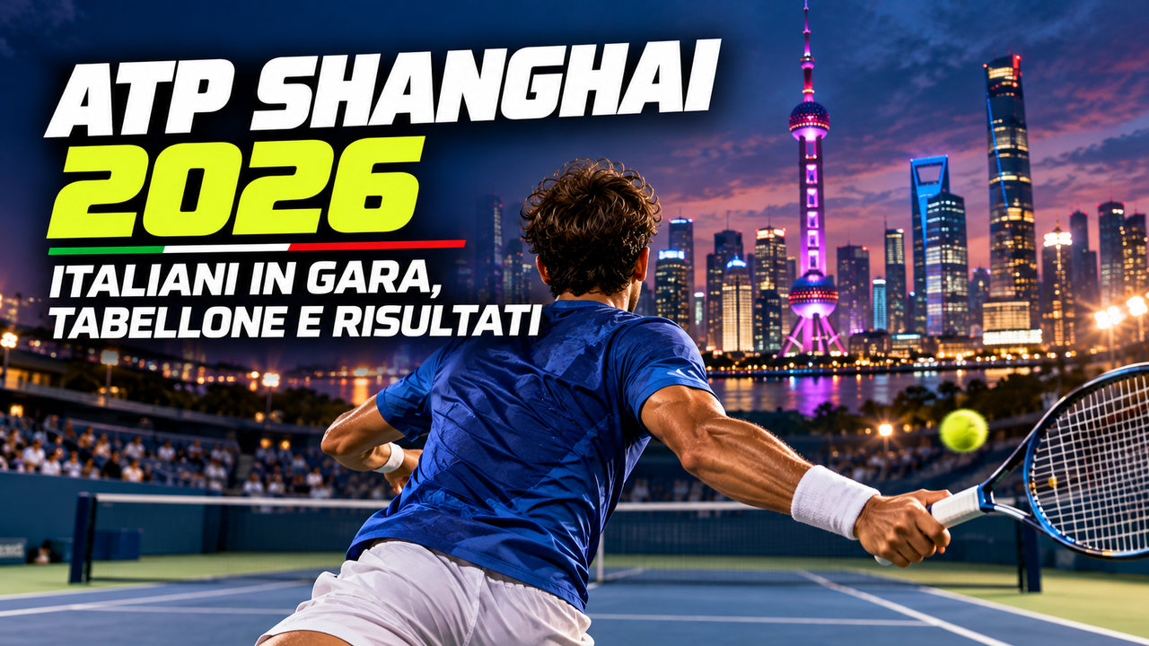 ATP Shanghai 2026 italiani in gara: tennista di spalle sul campo con skyline di Shanghai sullo sfondo.