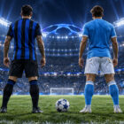 Calciatori di Inter e Napoli di spalle in uno stadio illuminato, immagine dedicata alla corsa ai punti playoff Champions.