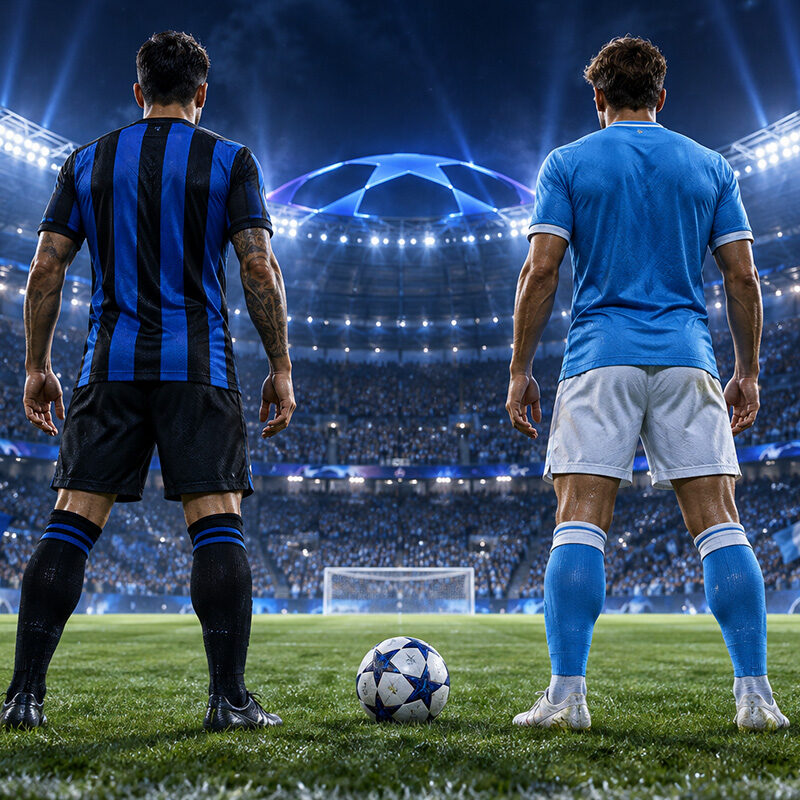 Calciatori di Inter e Napoli di spalle in uno stadio illuminato, immagine dedicata alla corsa ai punti playoff Champions.