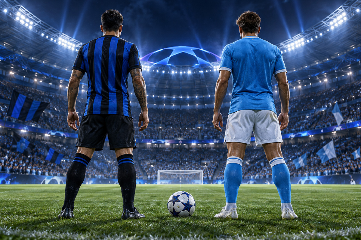 Calciatori di Inter e Napoli di spalle in uno stadio illuminato, immagine dedicata alla corsa ai punti playoff Champions.
