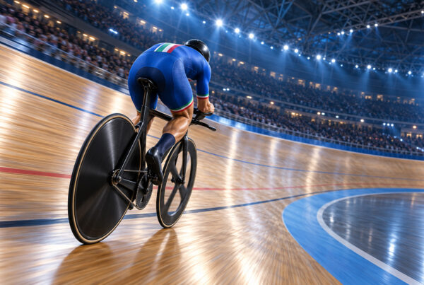 Milan record del mondo: illustrazione di un ciclista azzurro di spalle durante l’inseguimento individuale su pista.