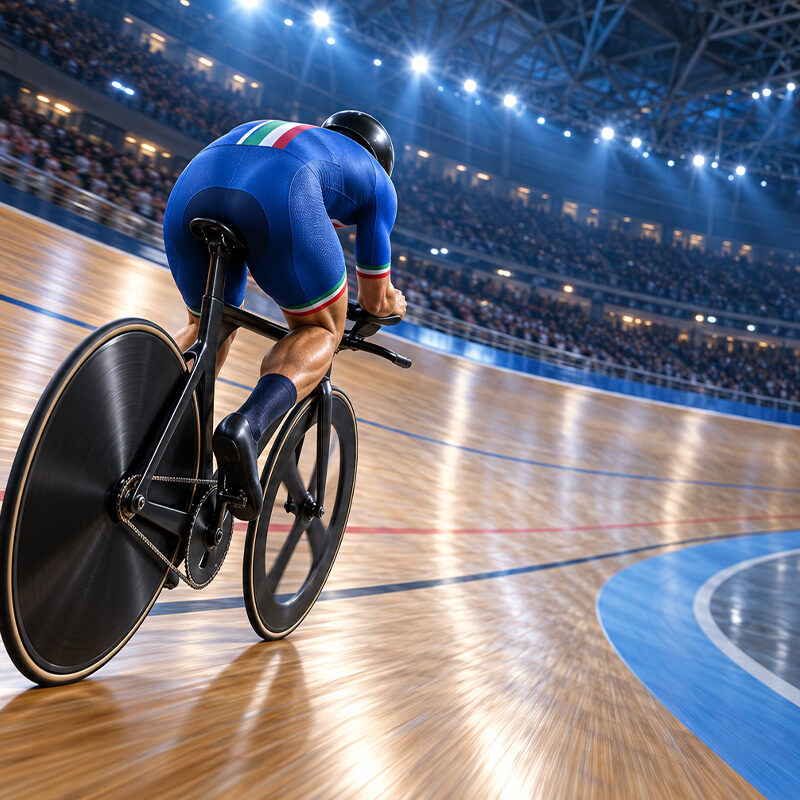Milan record del mondo: illustrazione di un ciclista azzurro di spalle durante l’inseguimento individuale su pista.