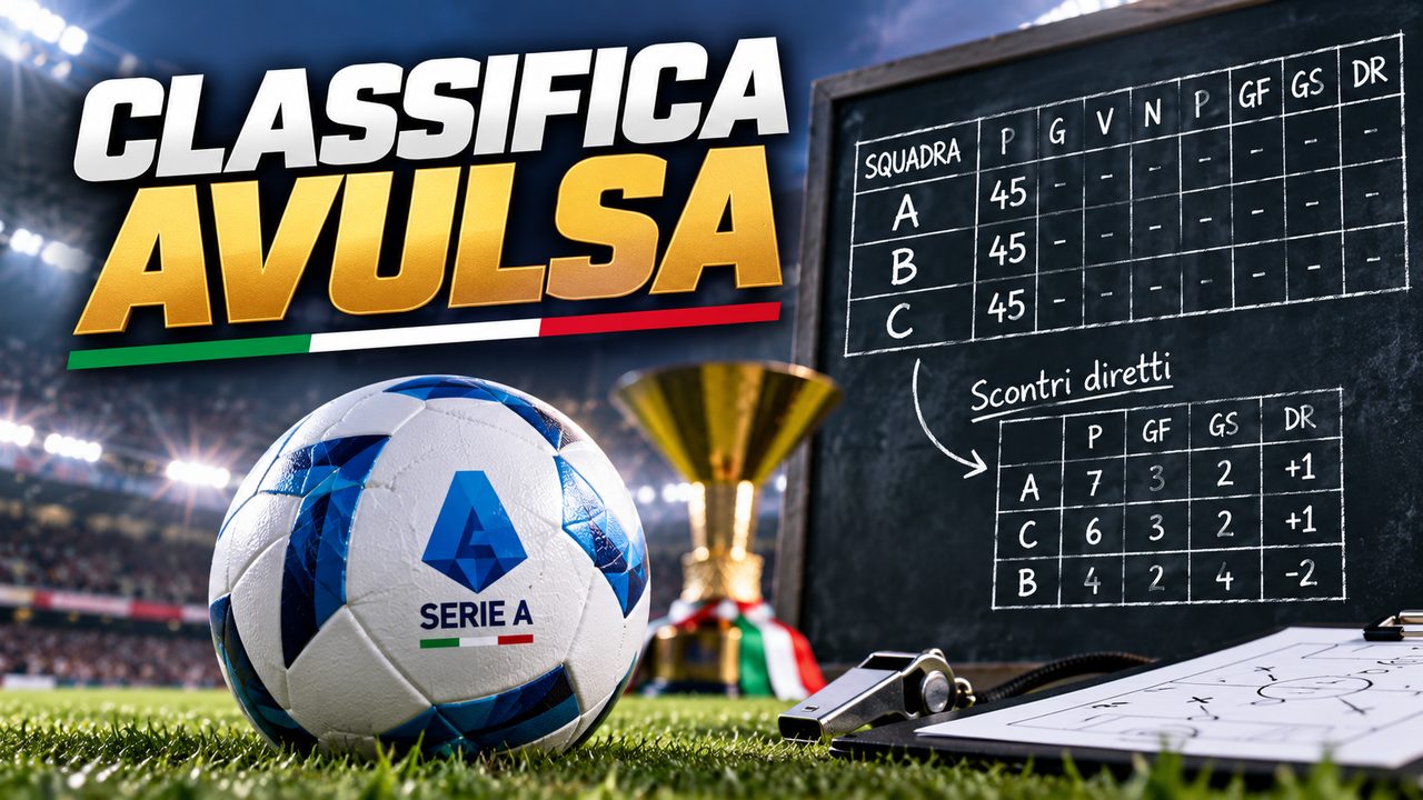 Classifica avulsa nel calcio, rappresentata da una tabella con tre squadre a pari punti e il calcolo degli scontri diretti per stabilire le posizioni in Serie A.