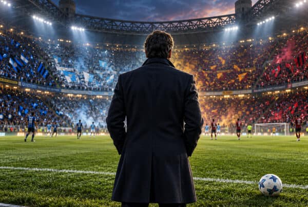 Crespo sullo scudetto: illustrazione di un uomo di spalle in uno stadio con i colori di Inter, Lazio, Roma e Milan.