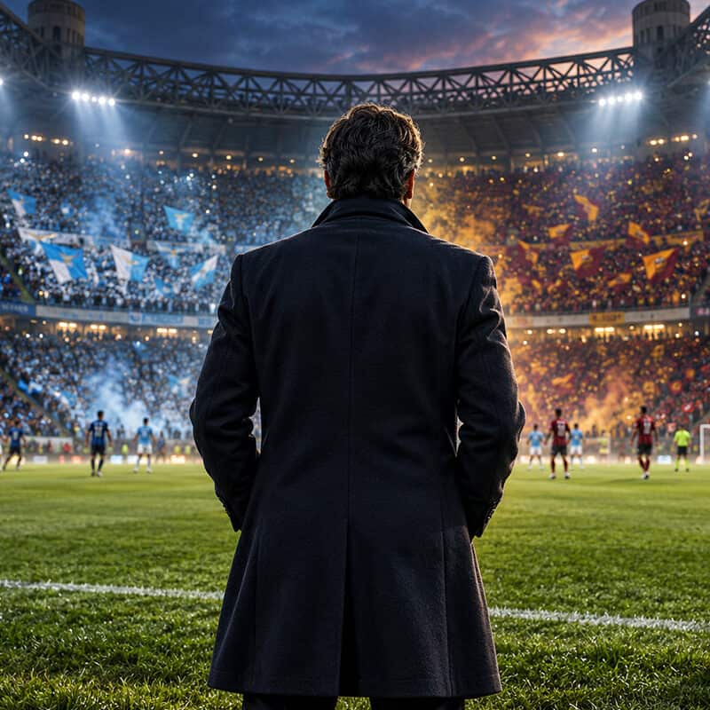 Crespo sullo scudetto: illustrazione di un uomo di spalle in uno stadio con i colori di Inter, Lazio, Roma e Milan.