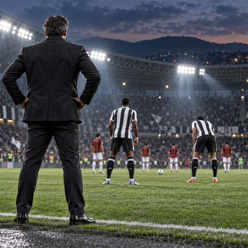 Udinese in crisi: allenatore di spalle a bordo campo osserva i giocatori bianconeri nella sfida contro il Milan.