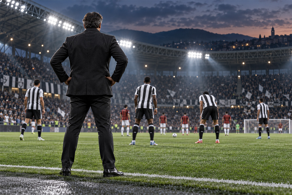 Udinese in crisi: allenatore di spalle a bordo campo osserva i giocatori bianconeri nella sfida contro il Milan.