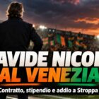 Davide Nicola al Venezia, nuovo allenatore dopo l'esonero di Giovanni Stroppa, rappresentato di spalle allo stadio con i colori arancione e verde.