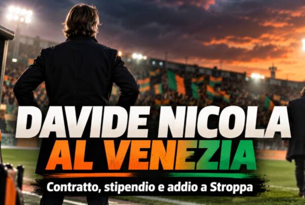 Davide Nicola al Venezia, nuovo allenatore dopo l'esonero di Giovanni Stroppa, rappresentato di spalle allo stadio con i colori arancione e verde.